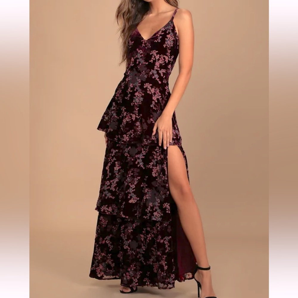 Lulu’s burnt out velvet floral ruffle maxi dress